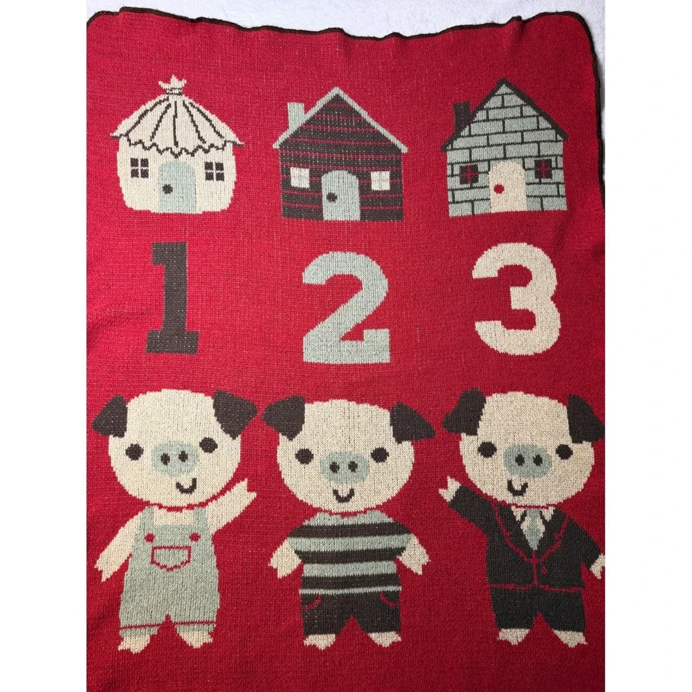 Green 3 Three Little Pigs Knit Throw Blanket Red Recycled Cotton Made in USA